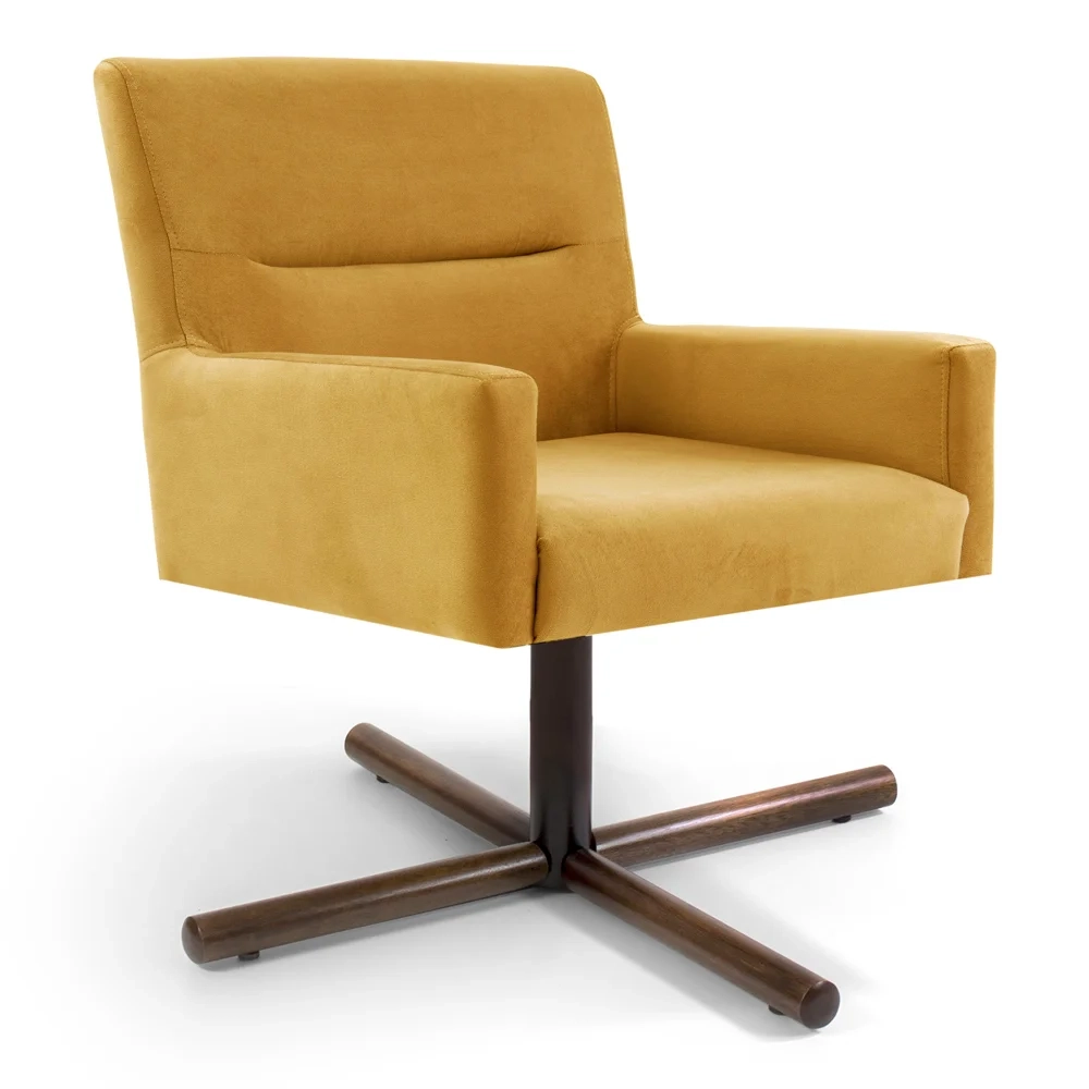 Poltrona Decorativa Giratória Base Xis Madeira Angel Veludo C-279 Amarelo - Domi