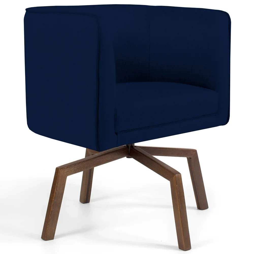 Poltrona Decorativa Giratória Base Ka Madeira Betina C-304 Veludo Azul Marinho - Domi