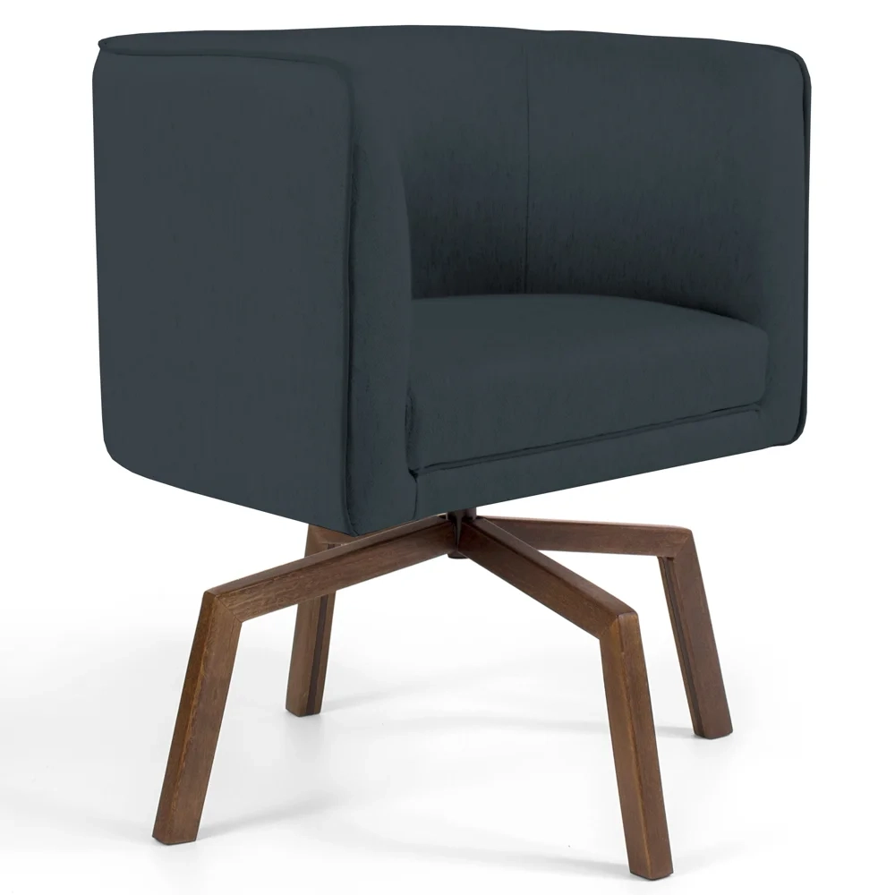 Poltrona Decorativa Giratória Base Ka Madeira Betina D-465 Linho Chumbo - Domi