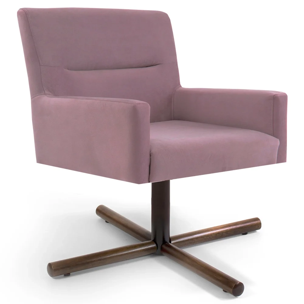 Poltrona Decorativa Giratória Base Xis Madeira Angel Veludo C-305 Rosa - Domi