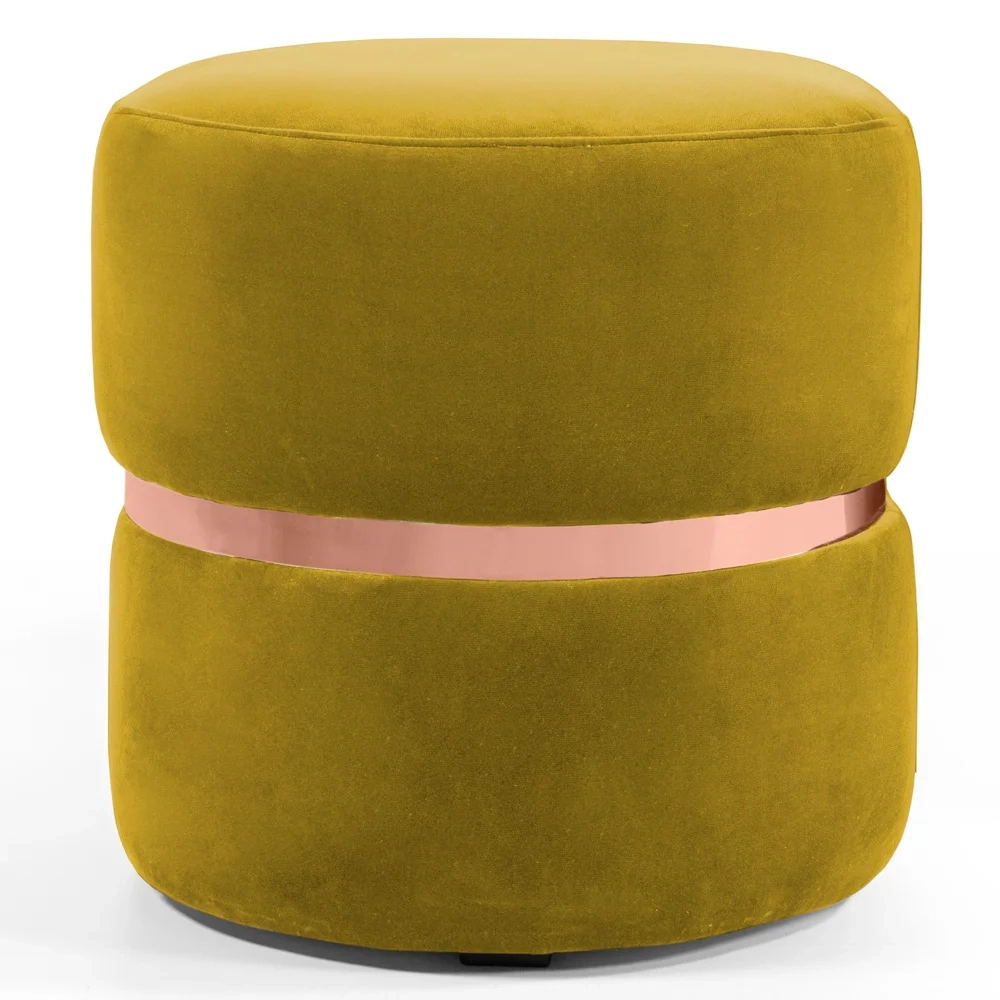 Puff Decorativo Com Cinto Rosê Round C-279 Veludo Amarelo - Domi