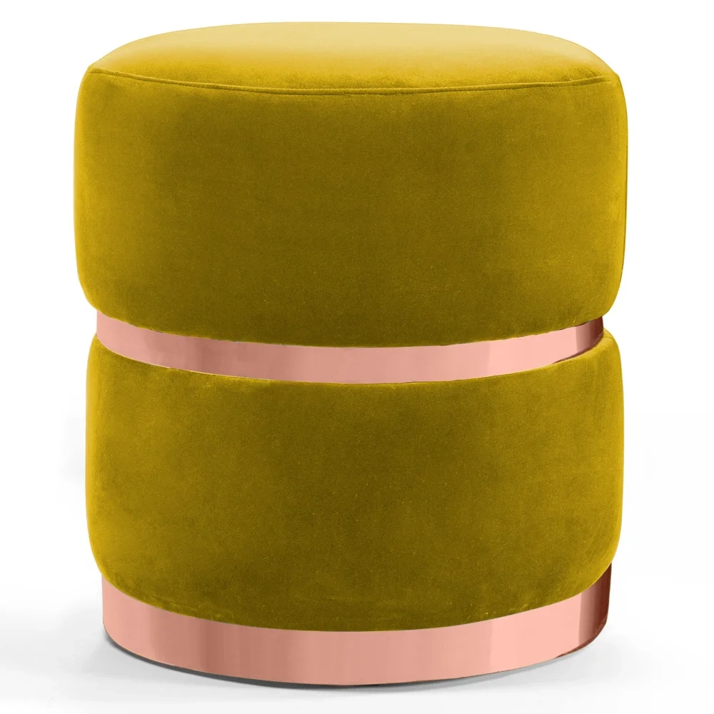Puff Decorativo Com Cinto e Aro Rosê Round C-279 Veludo Amarelo - Domi