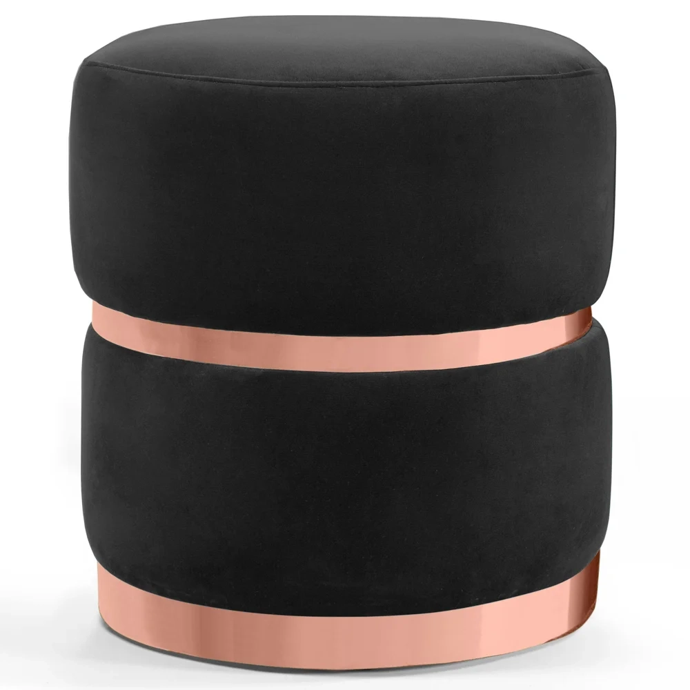 Puff Decorativo Com Cinto e Aro Rosê Round C-300 Veludo Preto - Domi