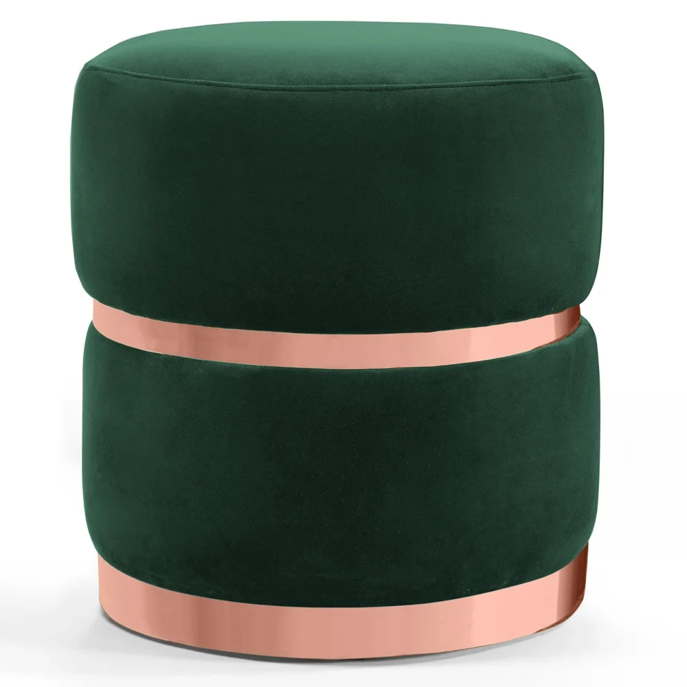 Puff Decorativo Com Cinto e Aro Rosê Round C-303 Veludo Verde Musgo - Domi