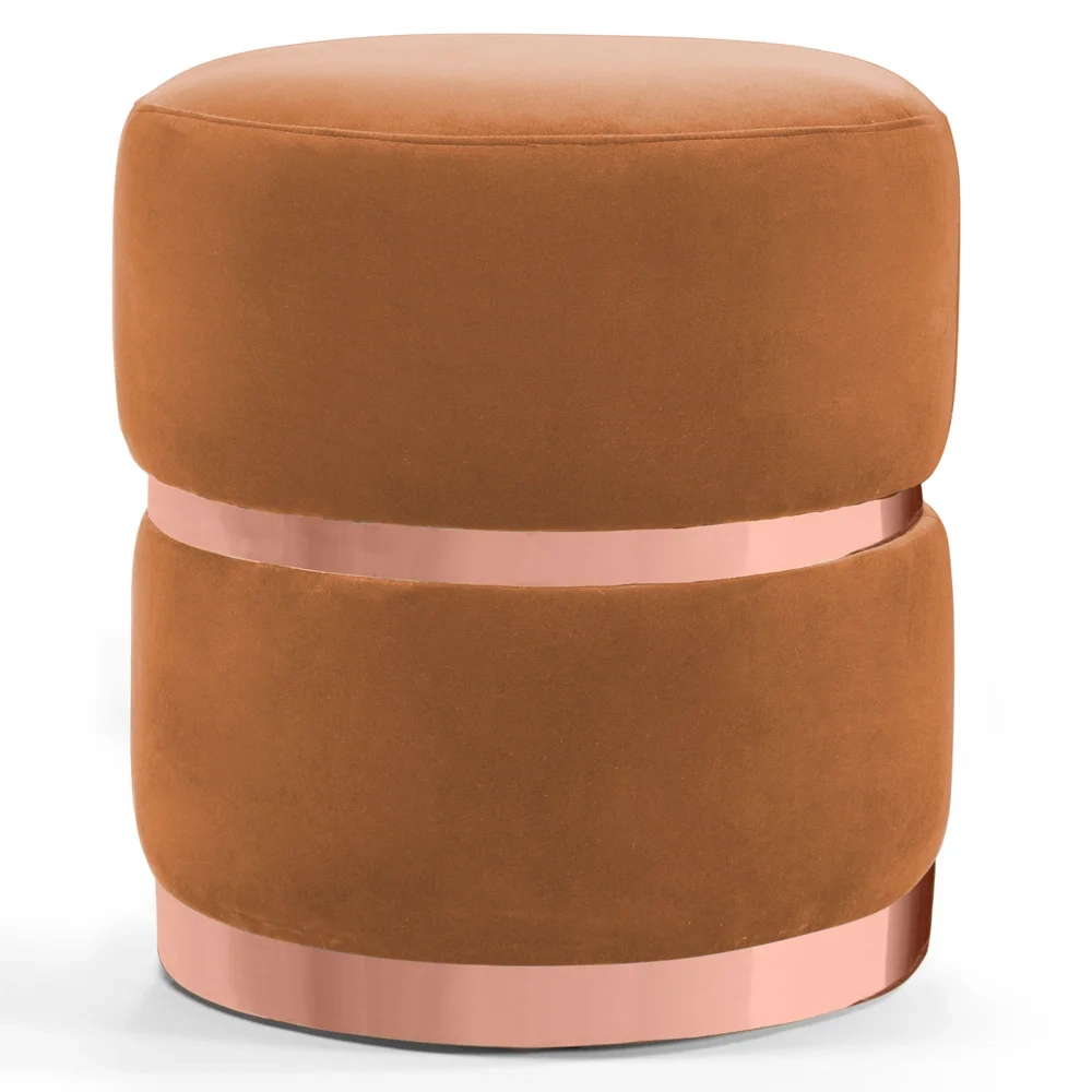 Puff Decorativo Com Cinto e Aro Rosê Round C-262 Veludo Laranja - Domi