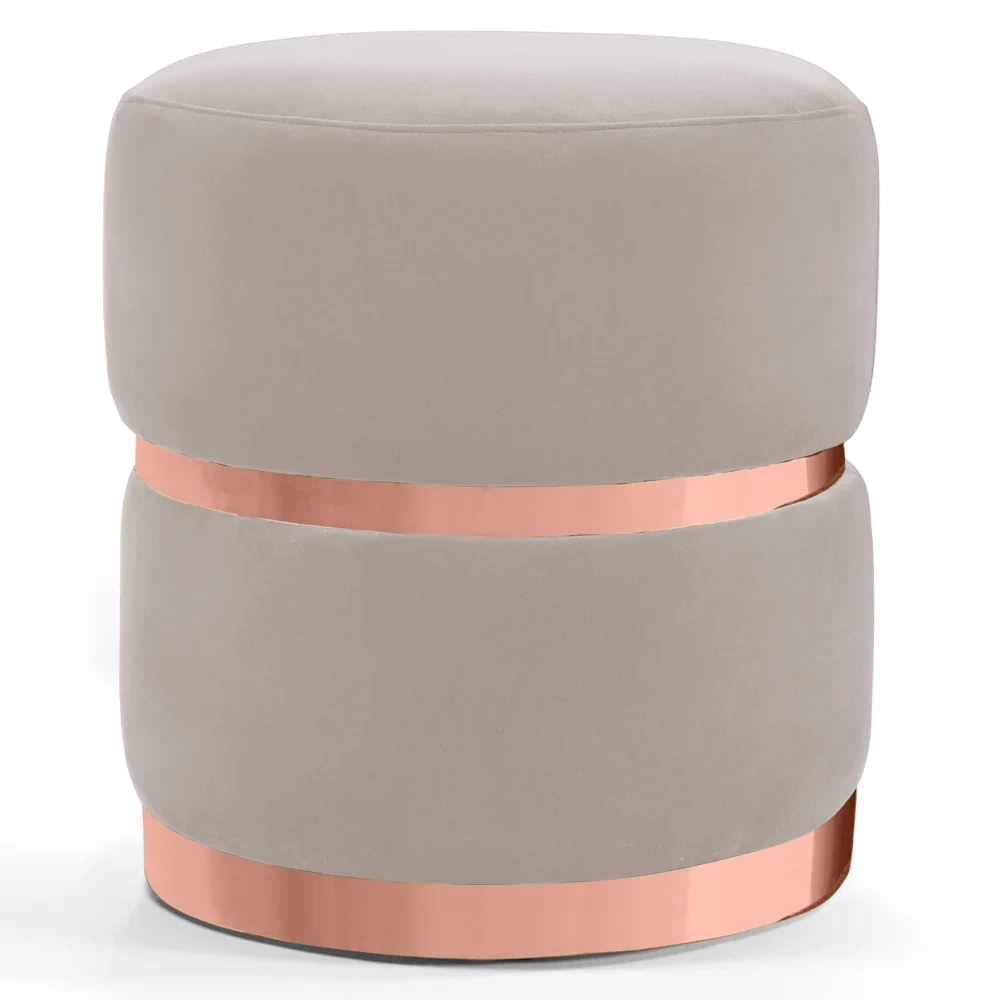 Puff Decorativo Com Cinto e Aro Rosê Round C-309 Veludo Bege Claro - Domi