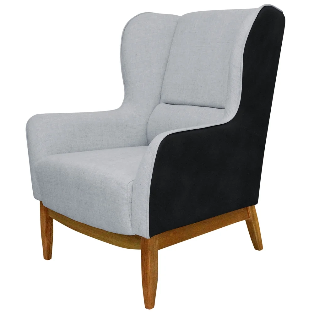 Poltrona Decorativa Base Madeira Milena Sintético C-05 Lona D-315 Preto/Cinza Claro - Domi