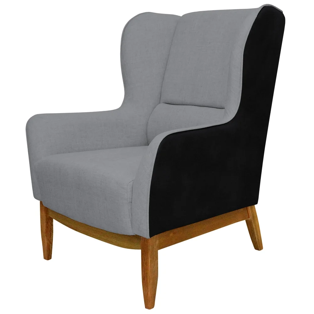 Poltrona Decorativa Base Madeira Milena Sintético C-05 Linho C-416 Preto/Cinza - Domi