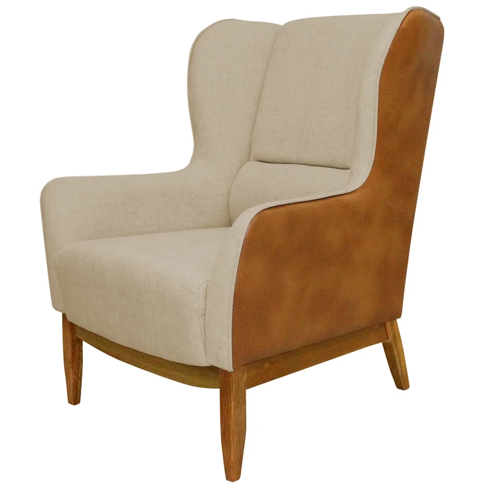 Poltrona Decorativa Base Madeira Milena C-129 Sintético/Linho Bege Escuro - Domi