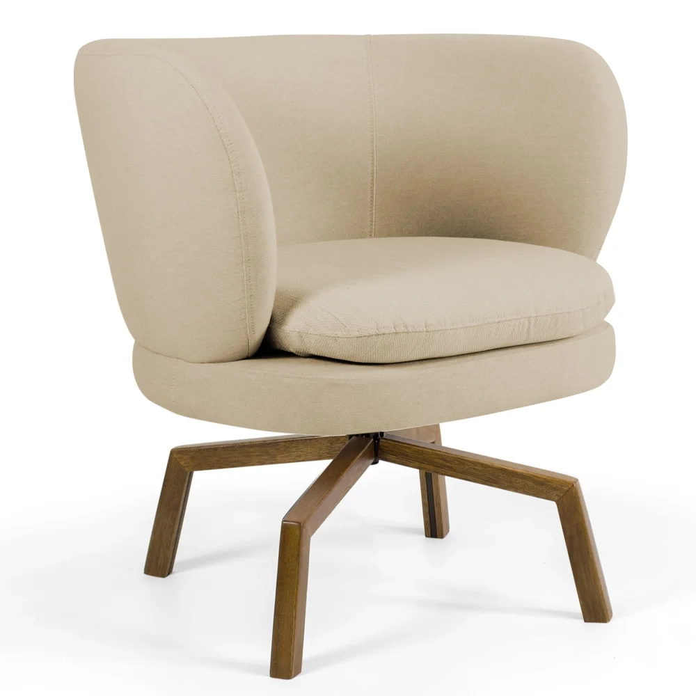 Poltrona Decorativa Sala de Estar Melissa Base Ka Giratória Castanho C-129 Linho Bege Escuro - Domi