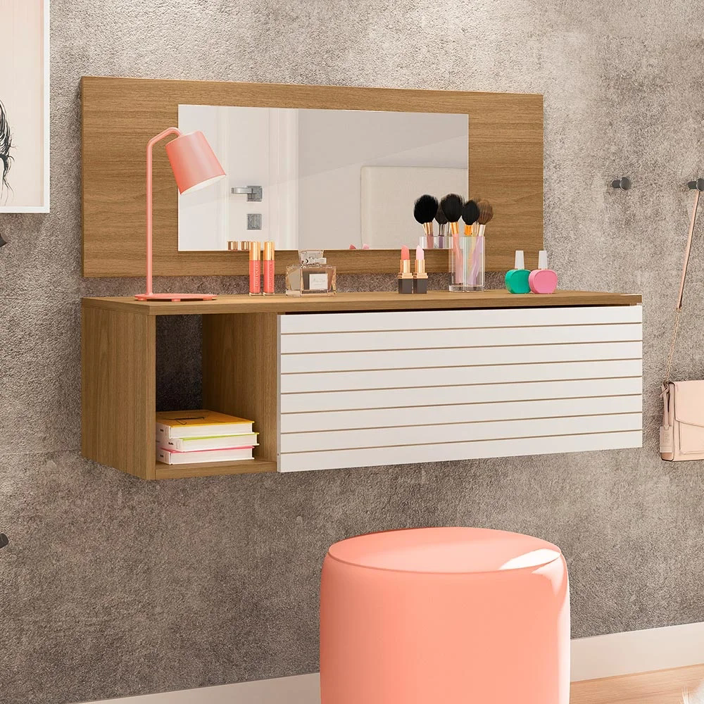 Penteadeira Suspensa com Painel e Espelho Joy Z49 Nature/Branco - Mpozenato