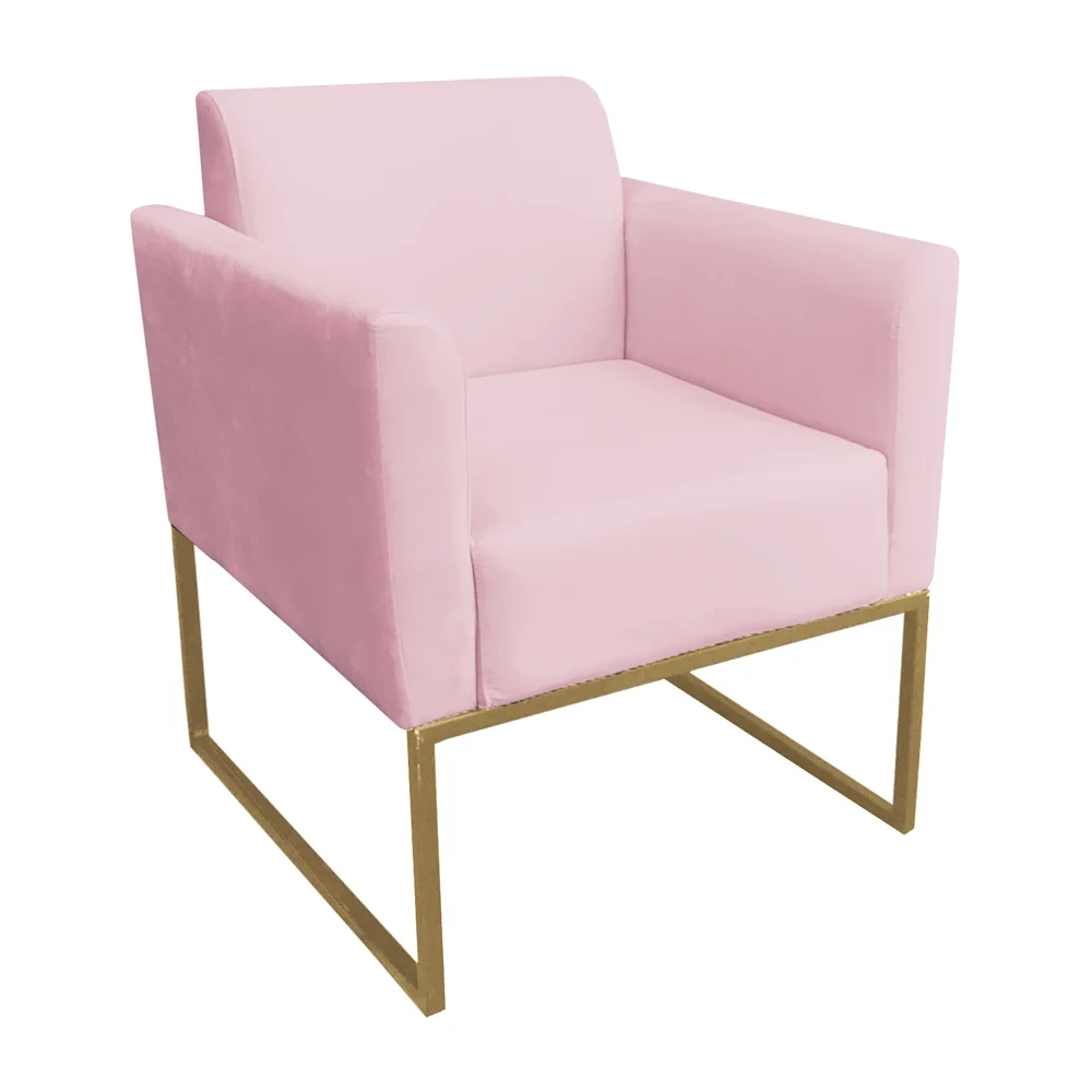 Poltrona Decorativa Base Industrial Dourada Maressa S19 Suede Rosa Bebê - Ibiza