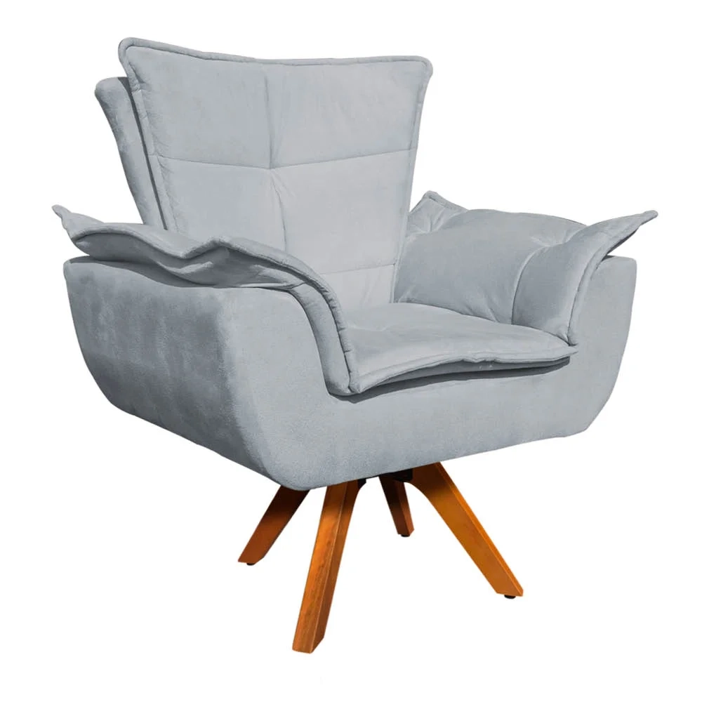 Poltrona Decorativa Sala de Estar Base Giratória Madeira Opla Suede Cinza - Ibiza