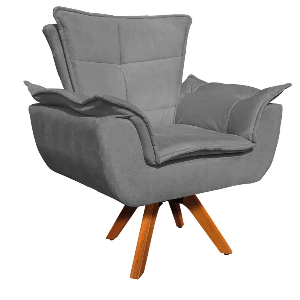 Poltrona Decorativa Sala de Estar Base Giratória Madeira Opla Suede Grafite - Ibiza