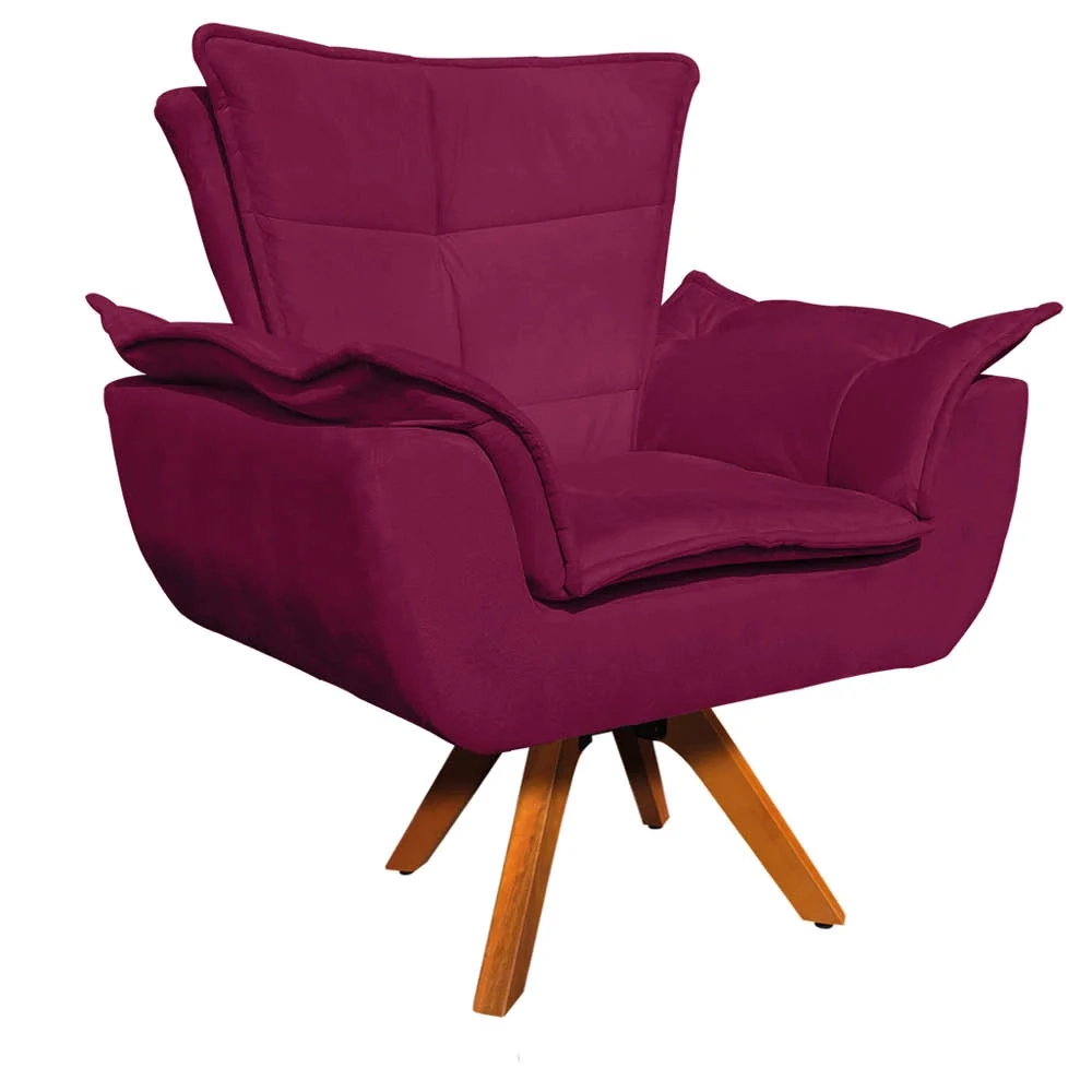 Poltrona Decorativa Sala de Estar Base Giratória Madeira Opla Suede Bordô - Ibiza