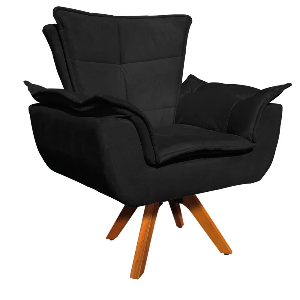Poltrona Decorativa Sala de Estar Base Giratória Madeira Opla Suede Preto - Ibiza