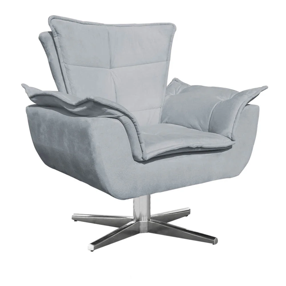 Poltrona Decorativa Sala de Estar Base Giratória Cromada Opla Suede Cinza - Ibiza