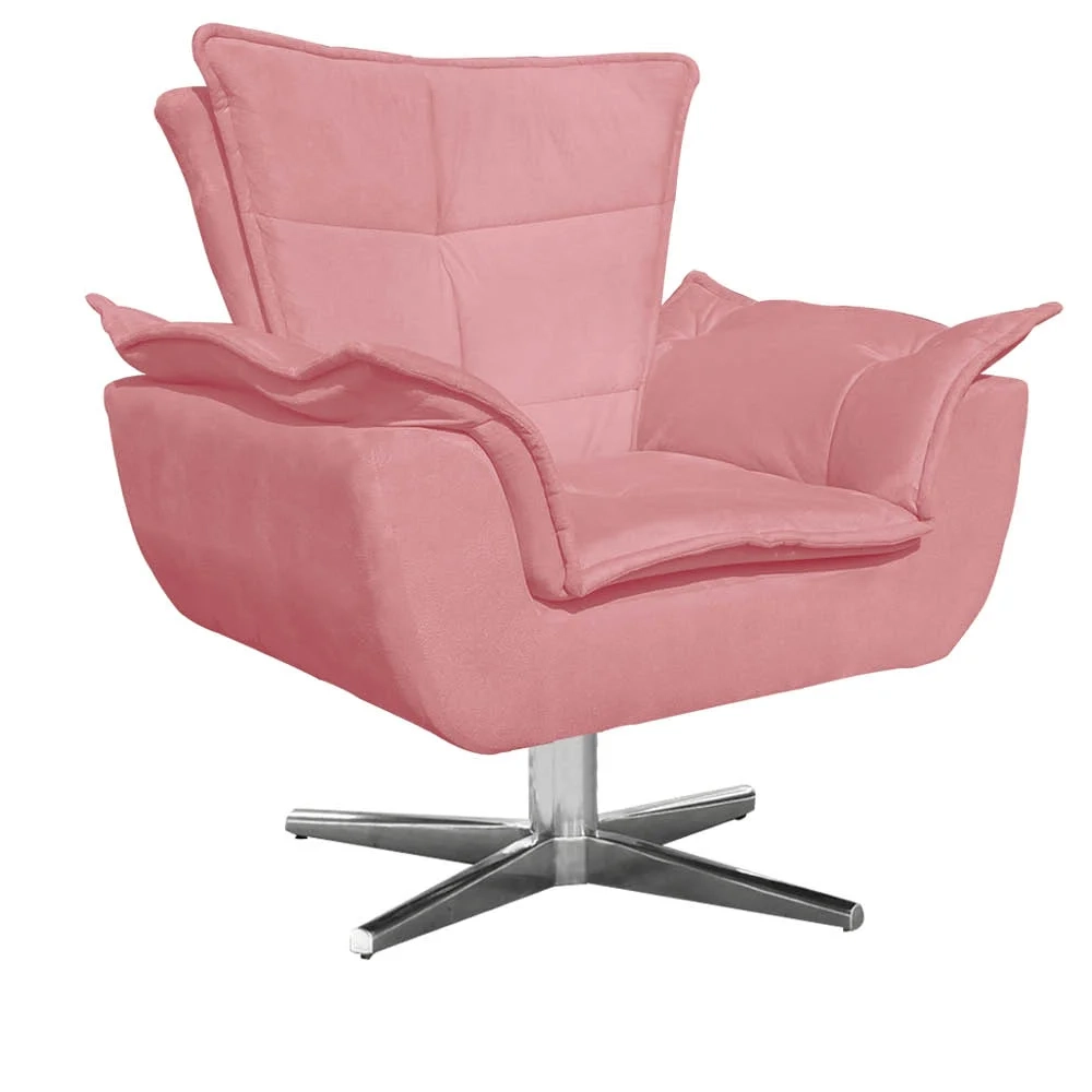 Poltrona Decorativa Sala de Estar Base Giratória Cromada Opla Suede Rose - Ibiza