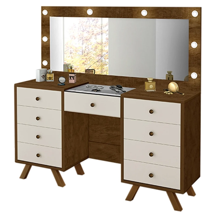 Penteadeira Camarim Com Espelho 9 Gavetas Mila Malbec/Off White - Móveis Luapa