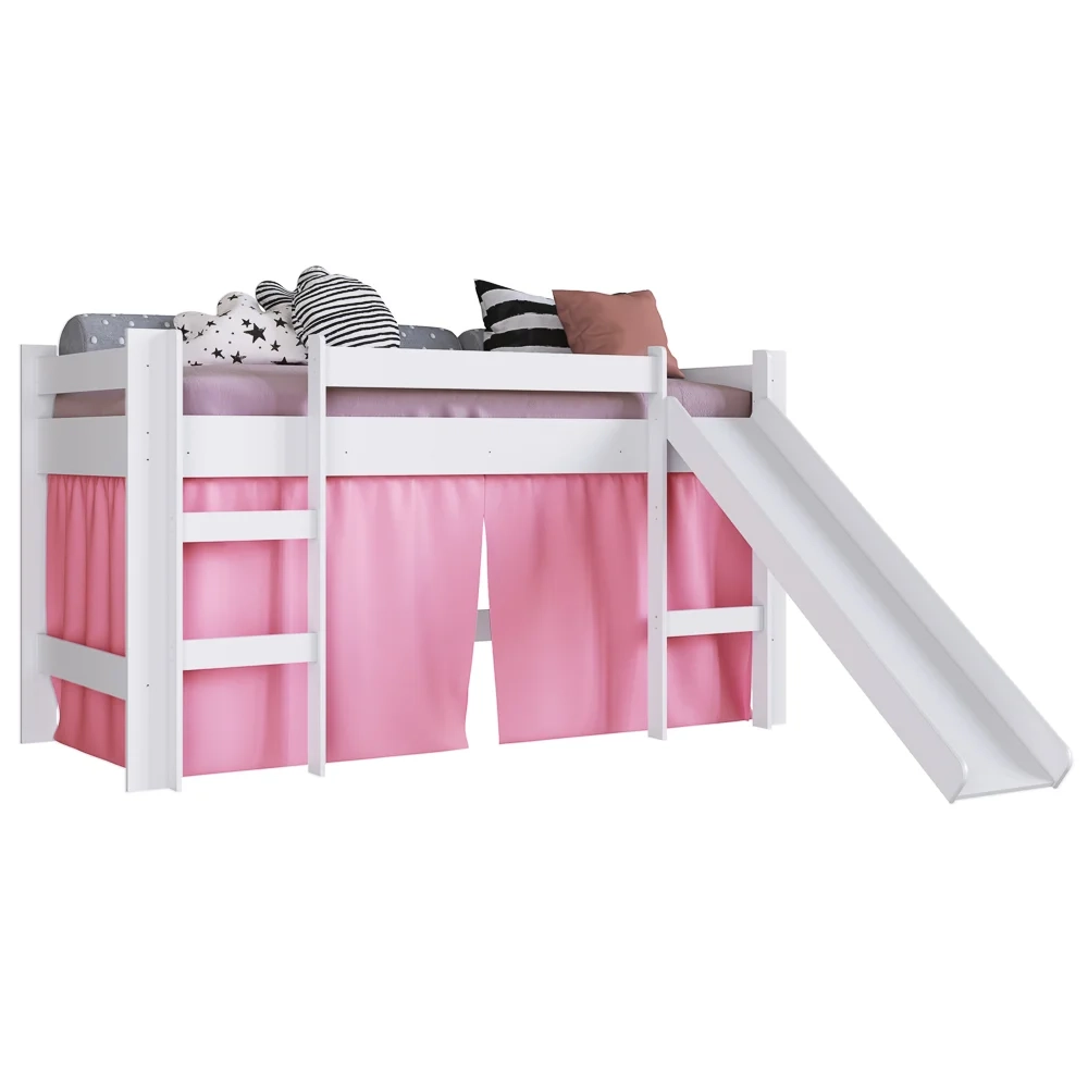Cama Elevada Com Escorregador E Cortina BB1000 Branco/Rosa - Completa Móveis