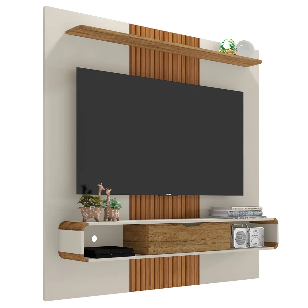 Painel Bancada Suspensa Para TV Até 65 Polegadas Lisboa Off White/Cinamomo/Ripado - Bechara