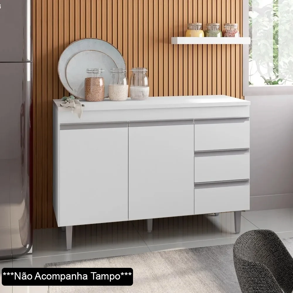 Balcão Gabinete Para Pia 120cm sem Tampo 2 Portas 3 Gavetas Andréia Branco - AJL Móveis
