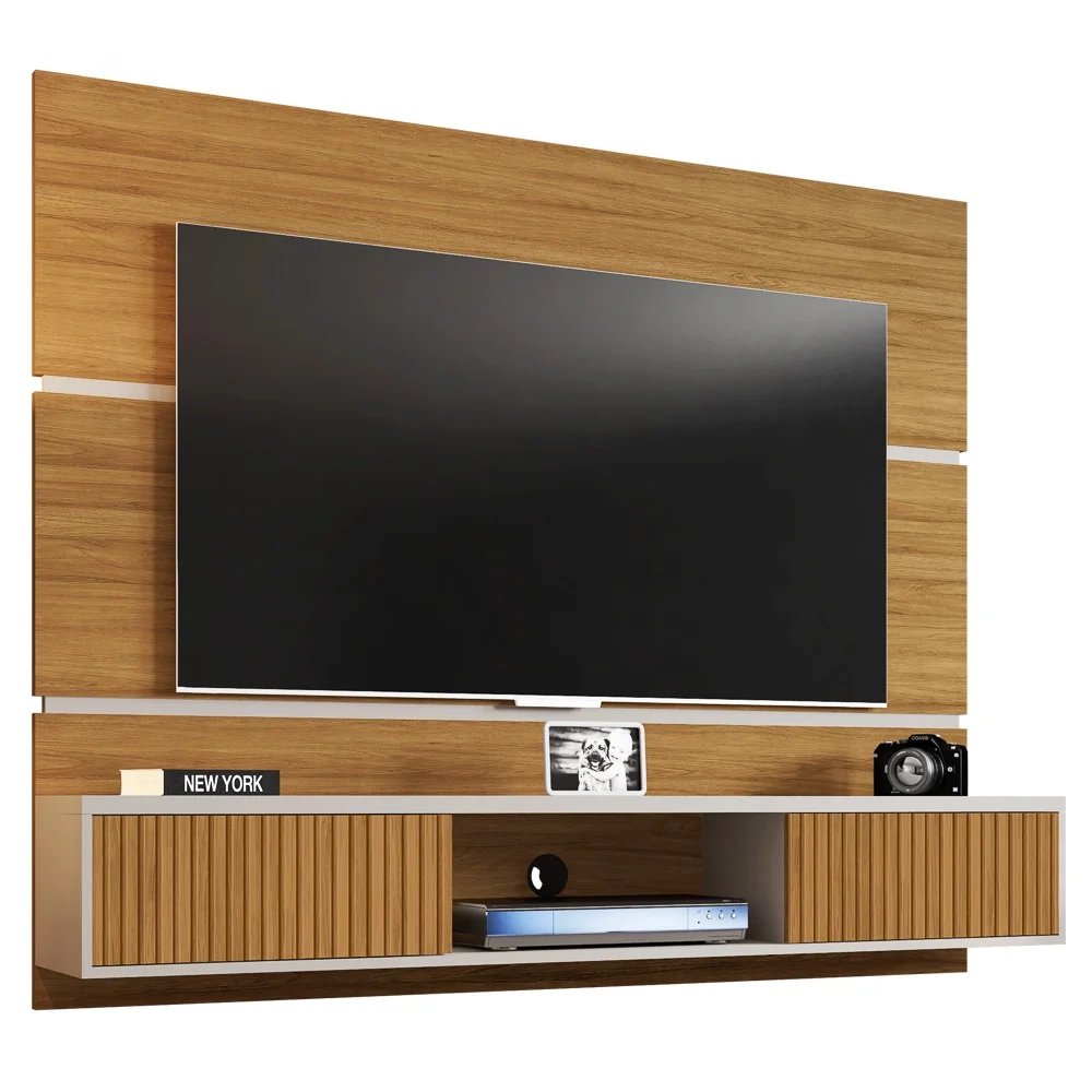 Painel Bancada Suspensa Para TV Até 65 Pol. 2 Portas Âmbar Cinamomo/Off White/Ripado - Bechara