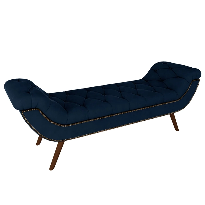 Puff Recamier Calçadeira 160cm Pés Palito Madeira Vêneto Z37 Veludo Azul Marinho - Mpozenato