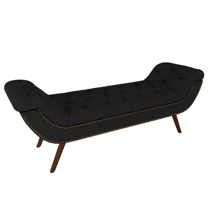 Puff Recamier Calçadeira 195cm Pés Palito Madeira Vêneto Z37 Veludo Preto - Mpozenato