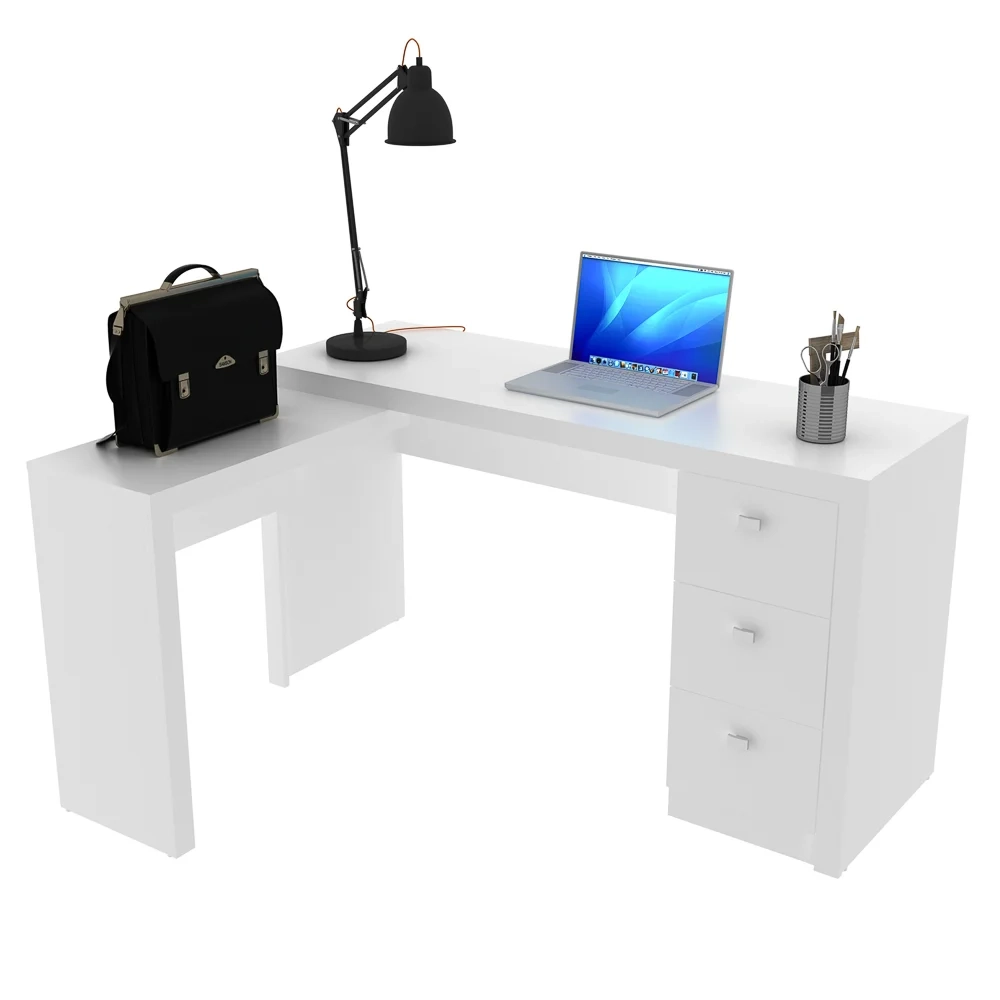 Mesa Em L Para Escritório 3 Gavetas ME4101 Branco - Tecno Mobili