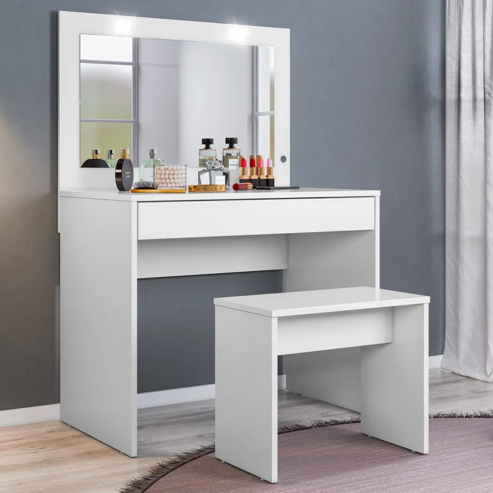 Penteadeira Camarim Com Espelho 2 Portas 3 Gavetas e Banqueta Atraente D02 Branco - Mpozenato