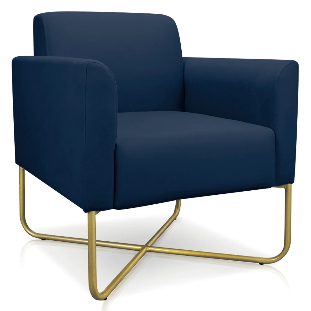Poltrona Decorativa Base Industrial X Dourada Maressa S01 Suede Azul Marinho - Ibiza
