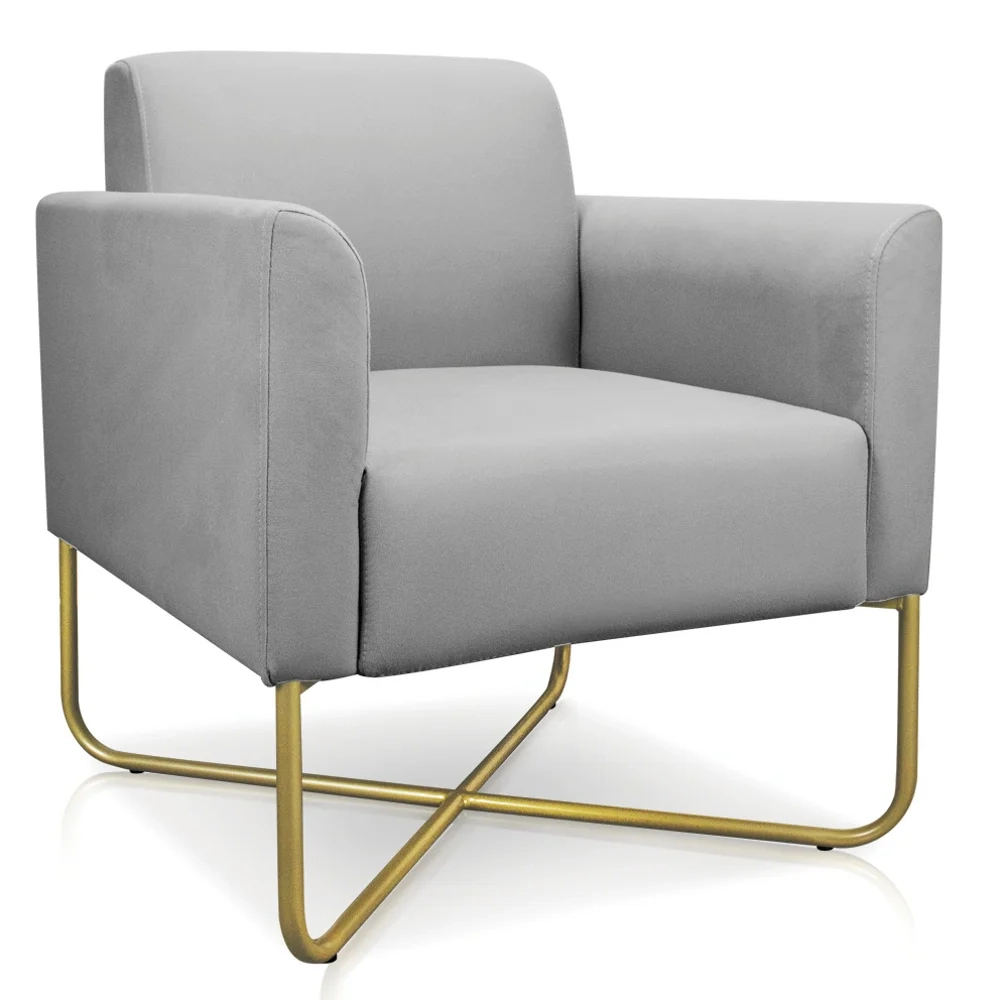 Poltrona Decorativa Base Industrial X Dourada Maressa S10 Suede Cinza - Ibiza