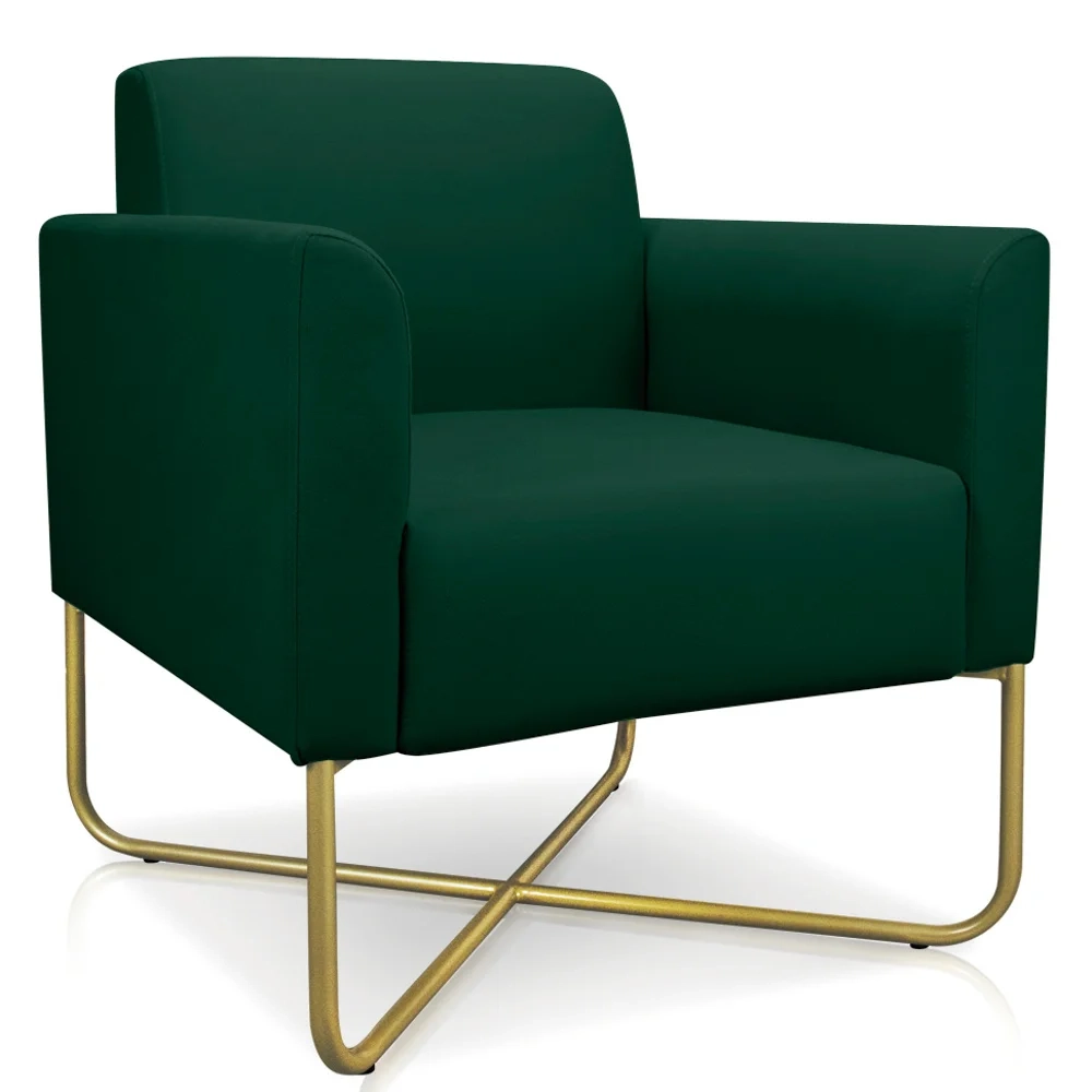 Poltrona Decorativa Base Industrial X Dourada Maressa S23 Suede Verde - Ibiza