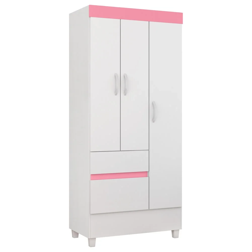 Guarda Roupa Flex 3 Portas 2 Gavetas Wind D02 Branco/Rosa/Branco - Mpozenato