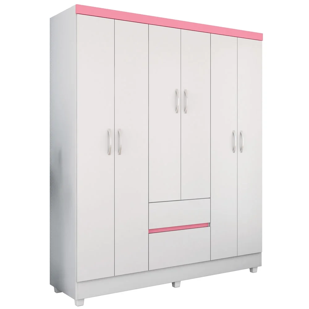 Guarda Roupa Casal Flex 6 Portas 2 Gavetas Flash II D02 Branco/Rosa/Branco - Mpozenato