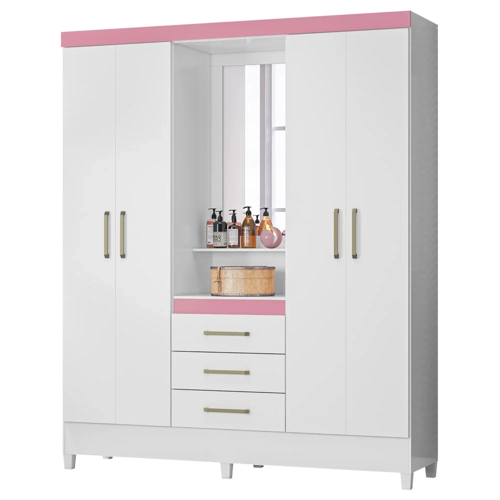 Guarda Roupa Capelinha Flex 4 Portas 3 Gavetas Persia D02 Branco/Rosa/Branco - Mpozenato