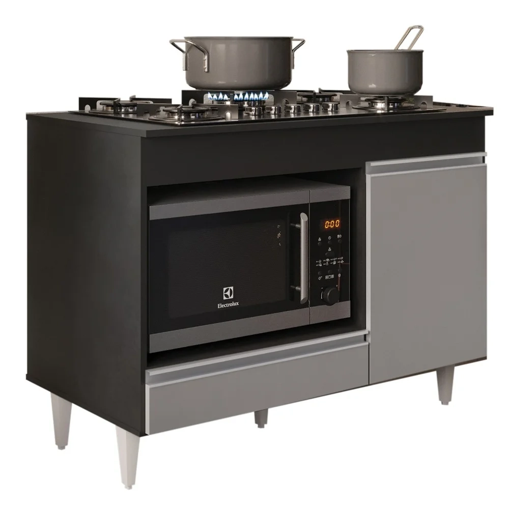 Balcão Multiuso para Cooktop 4 Bocas Georgia Preto/Cinza - Lumil Móveis