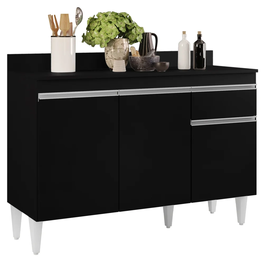 Balcão Gabinete 120cm Com Tampo 3 Portas 1 Gaveta Arizona Preto - Lumil Móveis