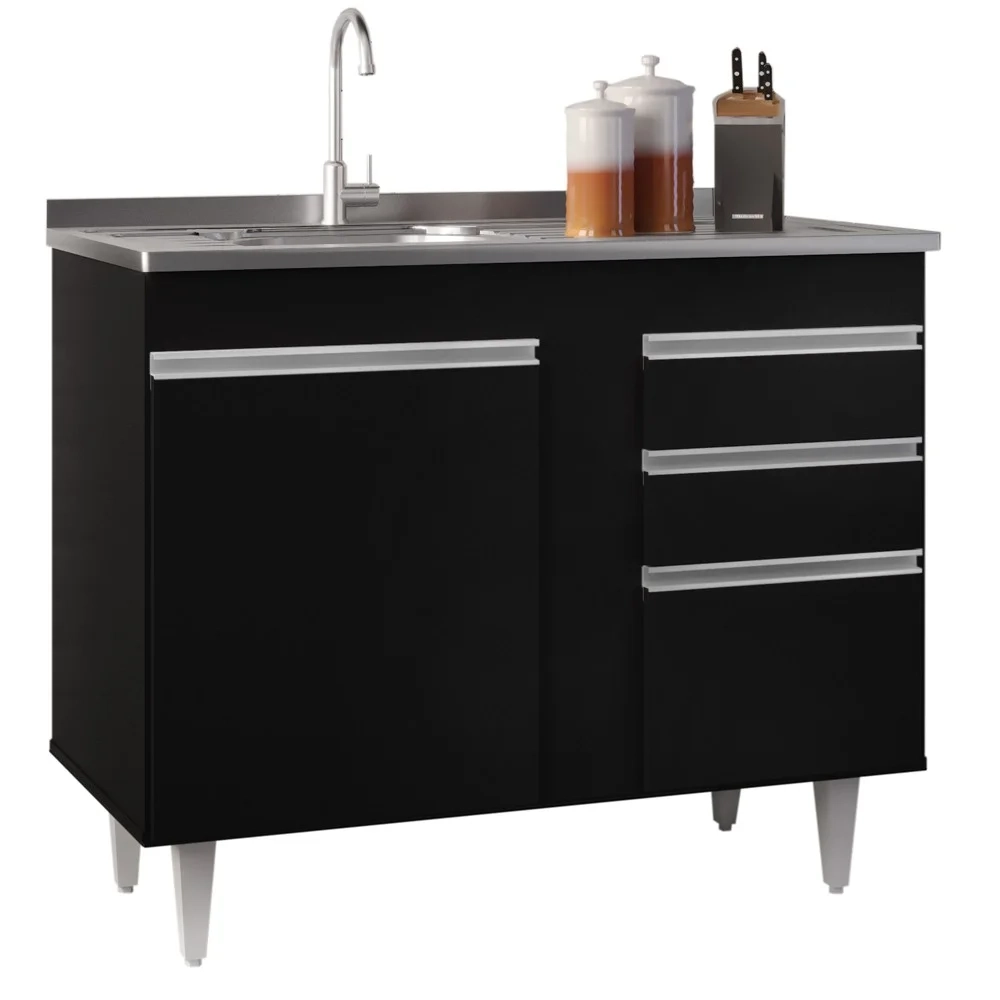 Balcão Gabinete 100cm Sem Tampo 2 Portas 2 Gavetas Luziania Preto - Lumil Móveis