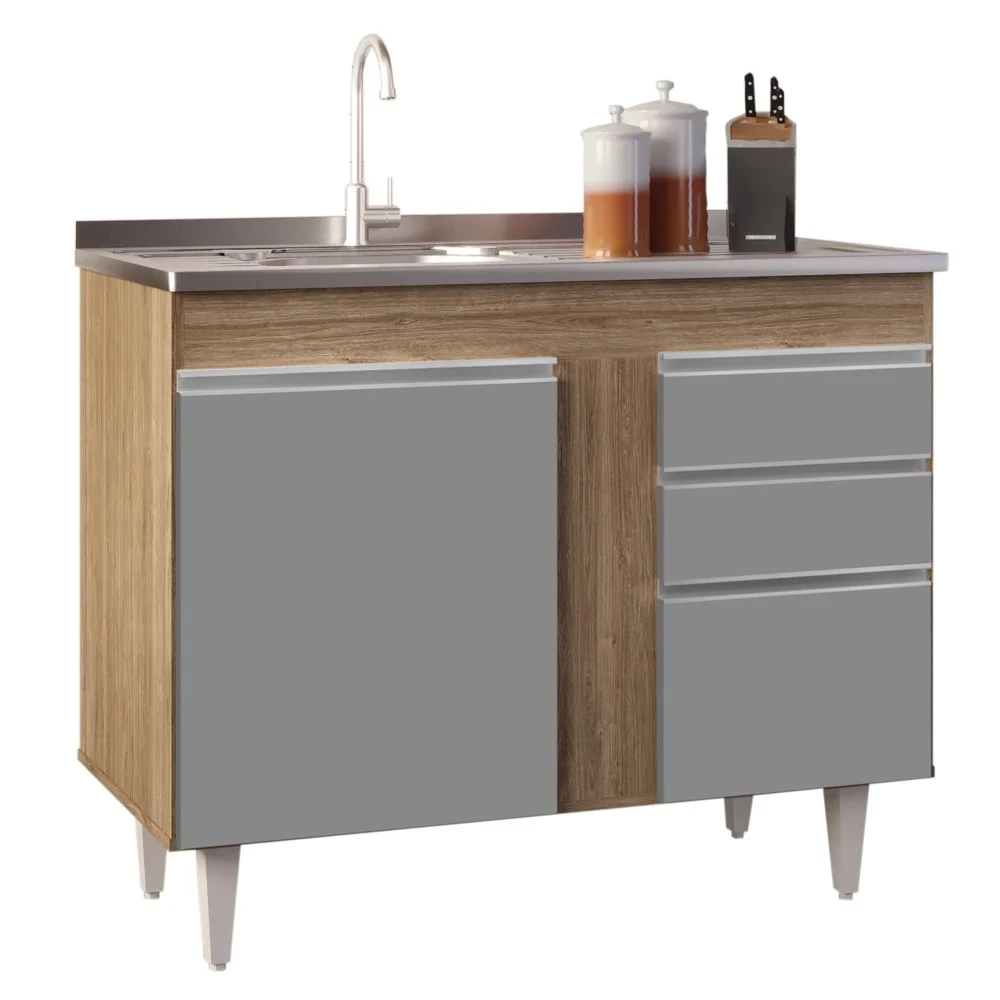 Balcão Gabinete 100cm Sem Tampo 2 Portas 2 Gavetas Luziania Castanho/Cinza - Lumil Móveis