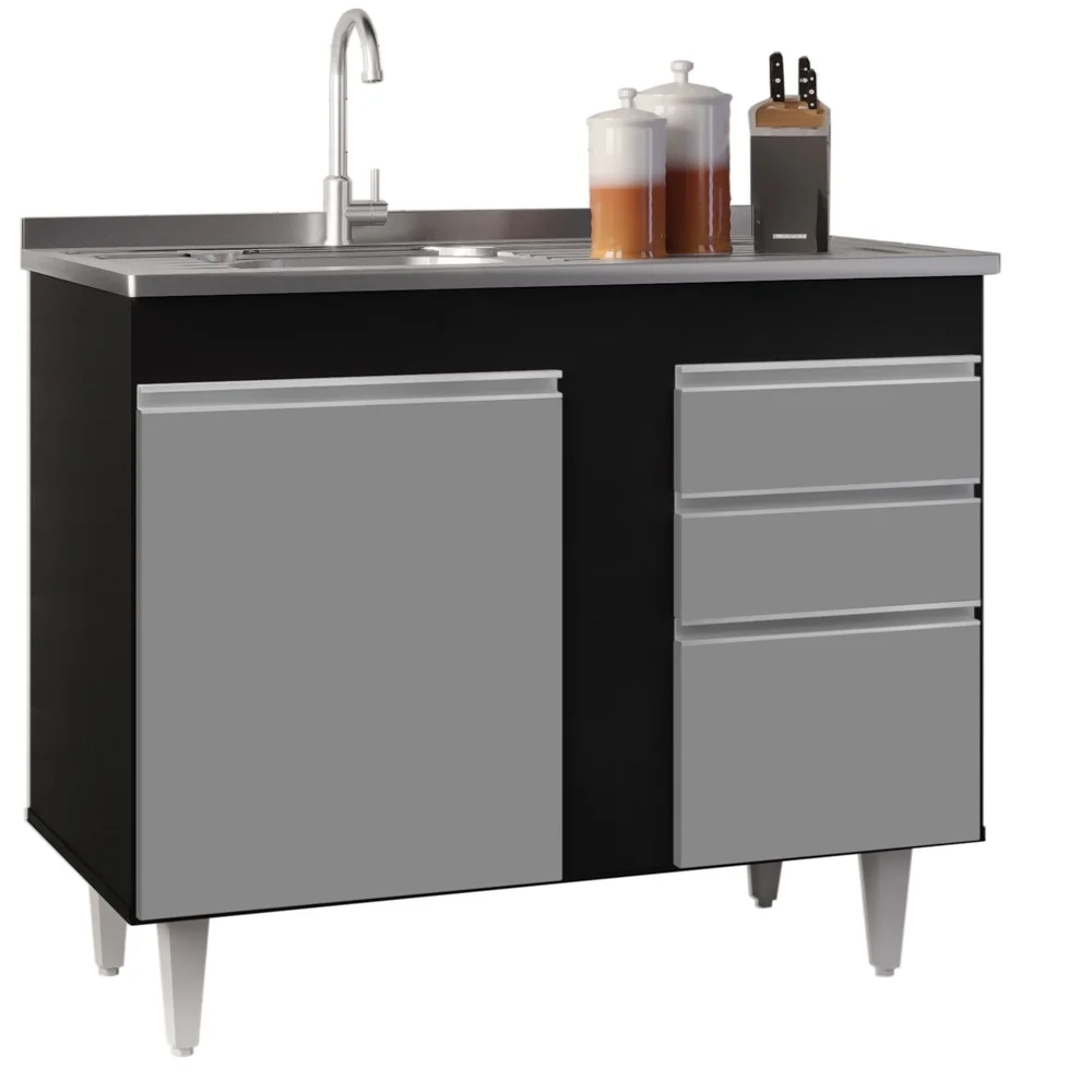 Balcão Gabinete 100cm Sem Tampo 2 Portas 2 Gavetas Luziania Preto/Cinza - Lumil Móveis