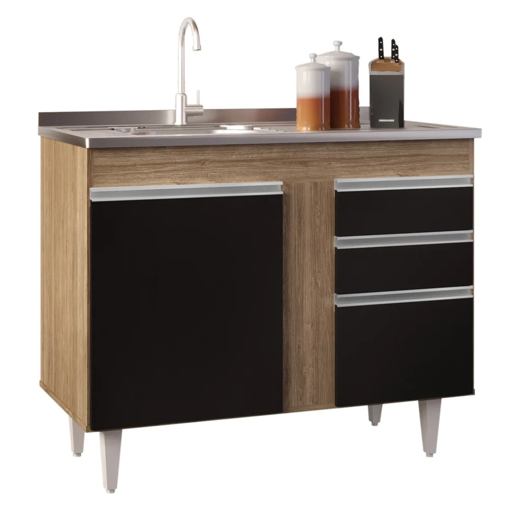 Balcão Gabinete 100cm Sem Tampo 2 Portas 2 Gavetas Luziania Castanho/Preto - Lumil Móveis