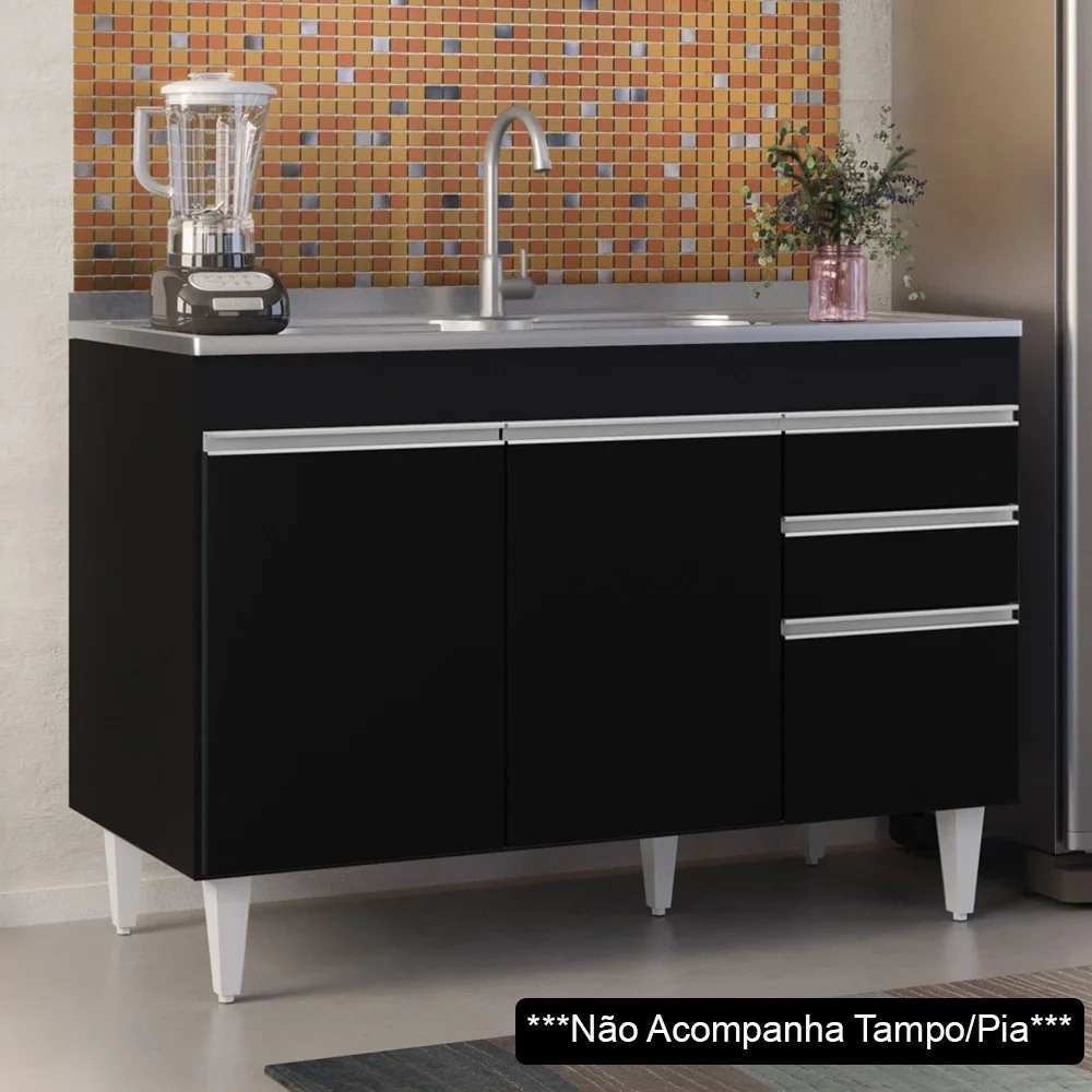 Balcão Gabinete 120cm 3 Portas 2 Gavetas Michigan Preto - Lumil