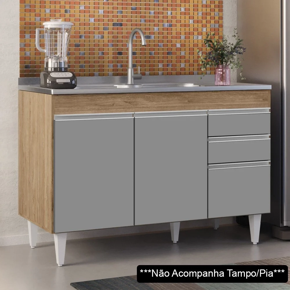 Balcão Gabinete 120cm 3 Portas 2 Gavetas Michigan Castanho/Cinza - Lumil