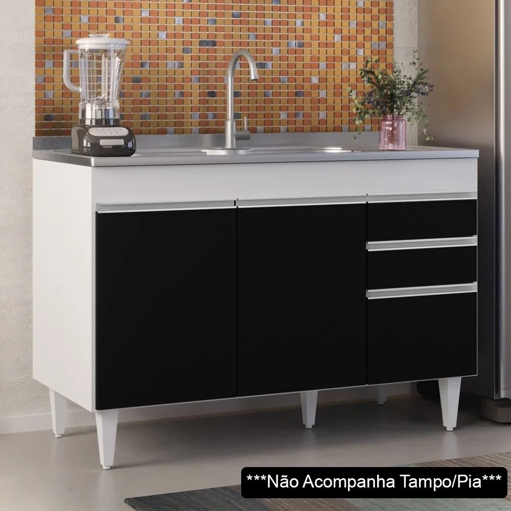 Balcão Gabinete 120cm 3 Portas 2 Gavetas Michigan Branco/Preto - Lumil