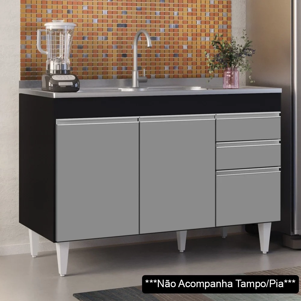 Balcão Gabinete 120cm 3 Portas 2 Gavetas Michigan Preto/Cinza - Lumil