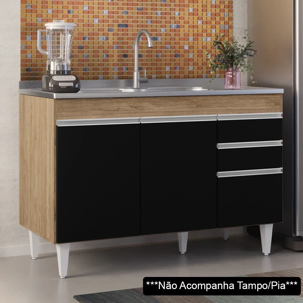 Balcão Gabinete 120cm 3 Portas 2 Gavetas Michigan Castanho/Preto - Lumil