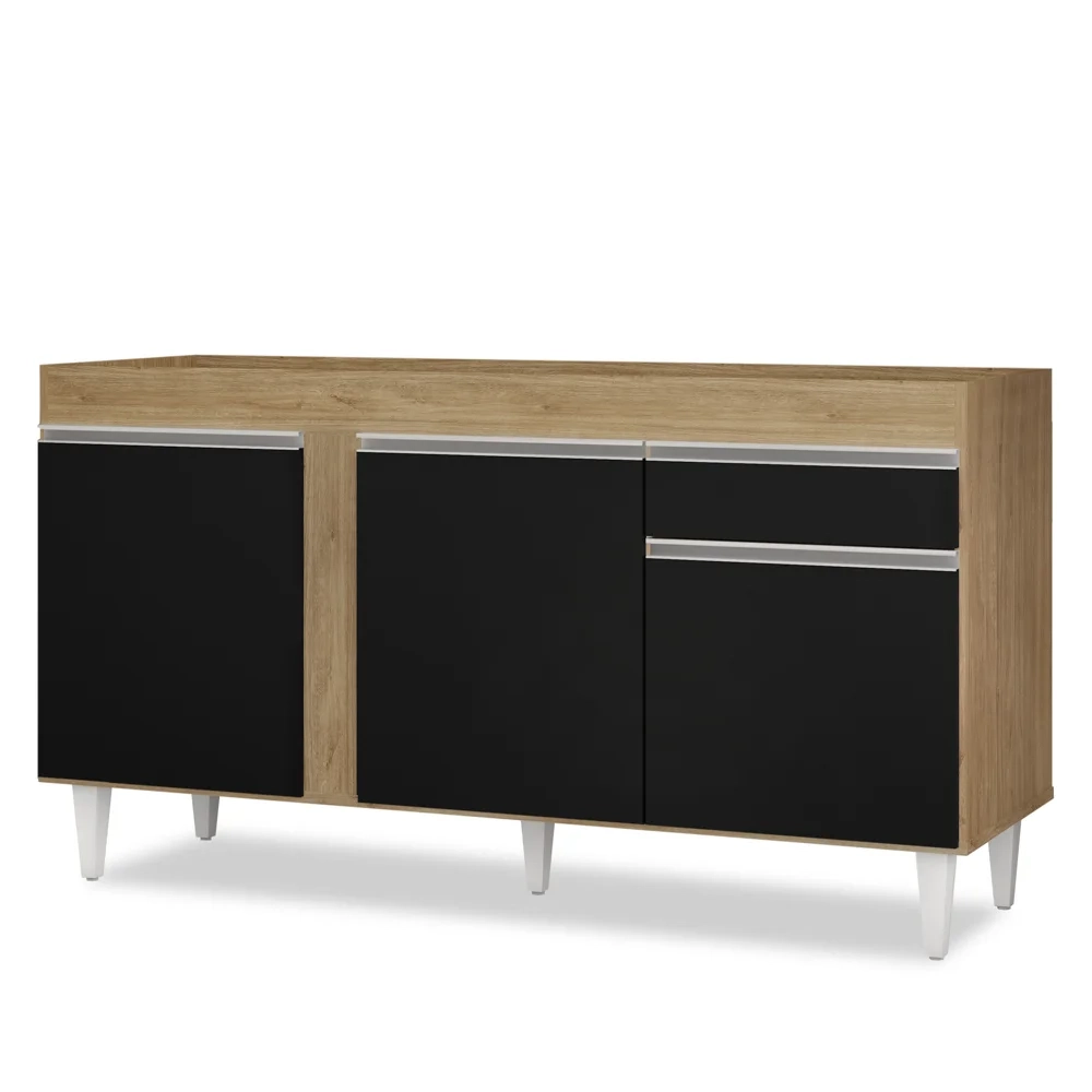 Balcão Gabinete Para Pia 150cm Sem Tampo 3 Portas 1 Gaveta Dakota Castanho/Preto - Lumil Móveis