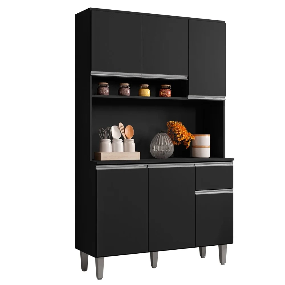 Kit Cozinha Compacta 105cm Com 6 Portas 1 Gaveta Márcia Preto Fosco - AJL Móveis